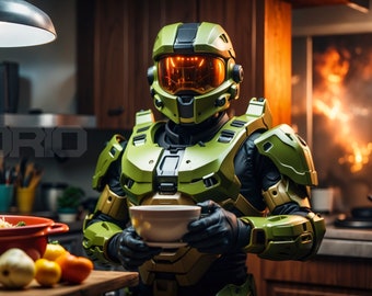 Master Chief in the Kitchen - Halo - Video Games - Funny - Printable Art - Wallpaper - Digital Download - High Quality - 8K