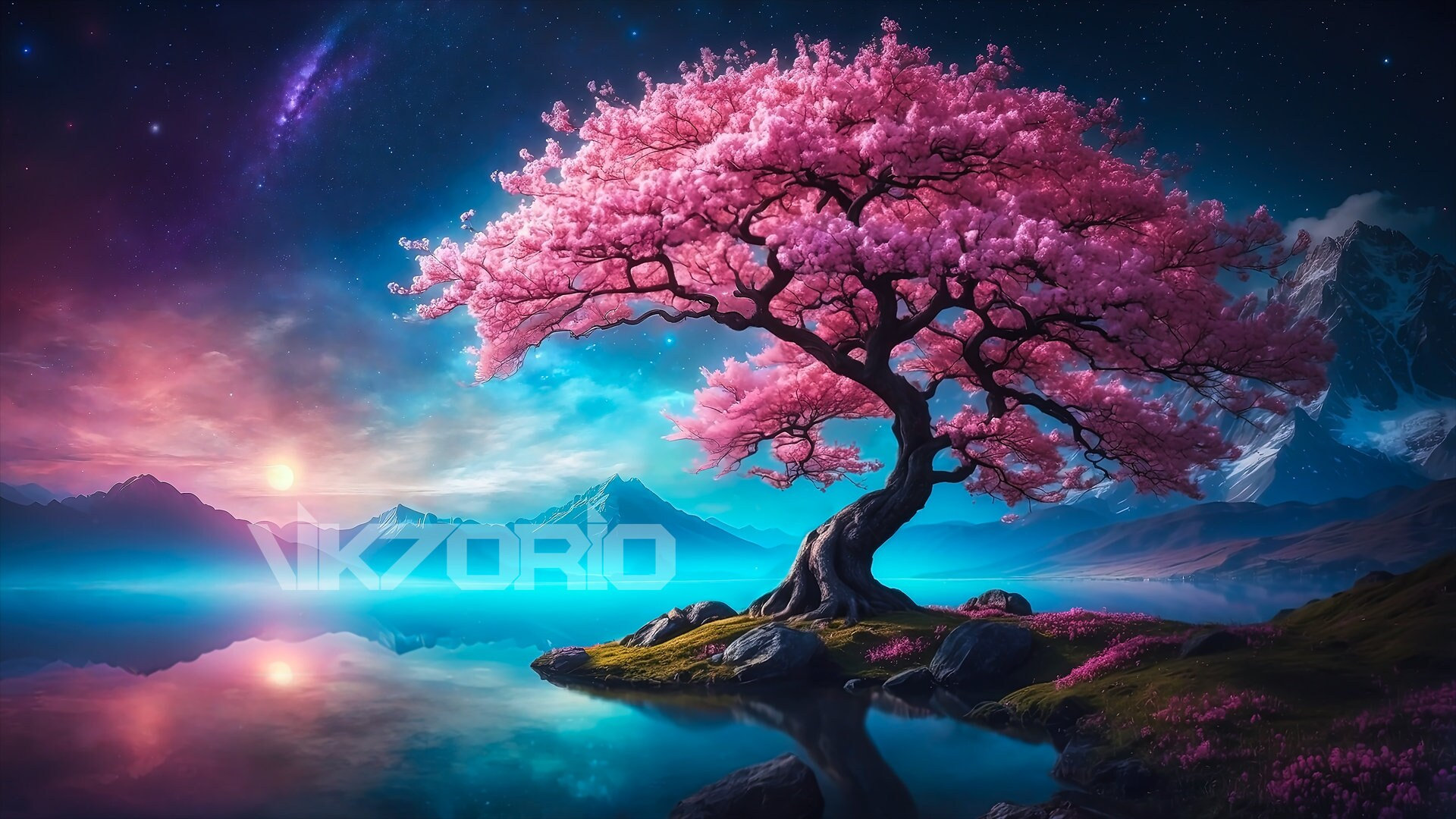 Fantasy Landscape Cherry Blossom Tree Beautiful Scenery Nature