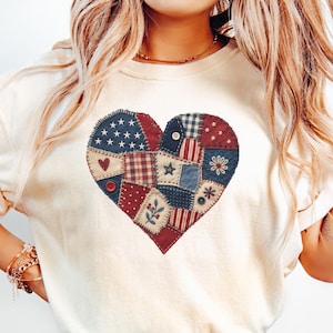 Americana Patchwork Heart T-Shirt, Patriotic Comfort Colors Tee, Vintage Quilted Top