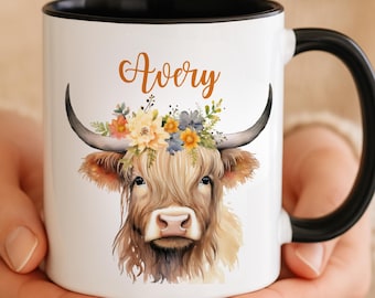 Personalized Highland Cow Mug – Floral Watercolor Coffee Cup – Farm Animal Gift