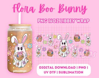 Floral Easter Bunny Ghost Glass Can Wrap | Hand Drawn Digital PNG (Digital Download)