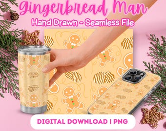 Gingerbread Man Christmas Seamless Pattern, Hand Drawn (PNG Digital Download)