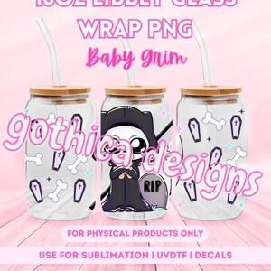 May include: Three 16 ounce clear glass tumblers with bamboo lids and straws. The centre tumbler features a cartoon Grim Reaper with a scythe and a tombstone that reads "RIP". The tumblers on either side feature a pattern of white bones and purple tombstones.