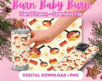 Trendy Anime Breakfast Fire, Burn Baby Burn Seamless Pattern, Hand Drawn (PNG Digital Download)