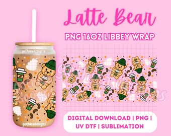 Latte Bear Coffee Cozy Warmth Hand Drawn PNG | Cafe Teddy Bear 16oz Cup Wrap