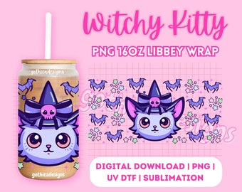 Kawaii Trendy Pastel Goth PNG | Witchy Kitty | Digital File | Cute Girly Wrap for UV DTF | Halloween | For 16oz Glass Cup | High Quality
