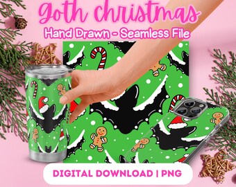 Goth Christmas Bats Seamless Pattern, Hand Drawn PNG (Digital Download)