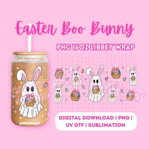 Puede incluir: Un envoltorio para lata de vidrio Libbey con un diseño de Easter Boo Bunny. El diseño incluye un conejito fantasma blanco sosteniendo una canasta de huevos de Pascua. El texto "Easter Boo Bunny" es rosa. Para una lata de 473 ml.
