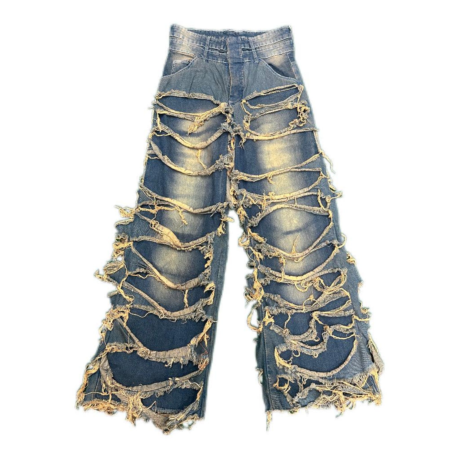 Vintage Ripped Denim Jeans | Double Ripped Jeans | Double Belt Ripped ...
