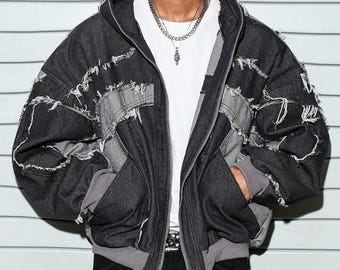 Veste en jean effet vieilli en patchwork - Manteau à capuche zippé oversize - Style streetwear grunge - Mode urbaine unisexe avant-gardiste