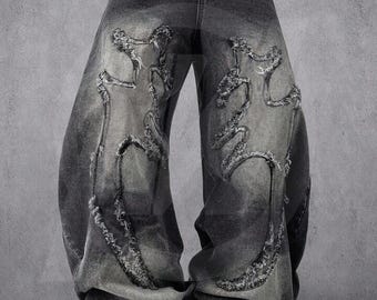 Jeans larghi neri effetto consumato – Denim streetwear oversize con orlo sfrangiato e patchwork astratto – Pantaloni a gamba larga in stile grunge anni 2000