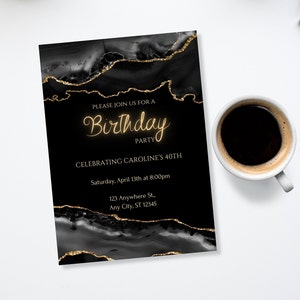 Black Birthday Party Invitation, Black Party Invitation, Gold Glitter Invitation, All Black Party Invitation, Black Birthday Party Invite