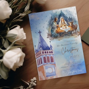 Nativity Invitation, Worship Christmas Invitation, Christian Christmas Party Invitation, Religious Christmas Canva Template Instant Download