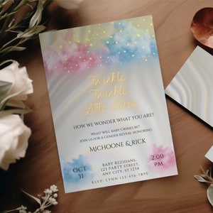 Twinkle Twinkle Little Star Invitación de revelación de género, Invitación de revelación de género de nube rosa y azul, Invitación de él o ella, Invitación de niño o niña