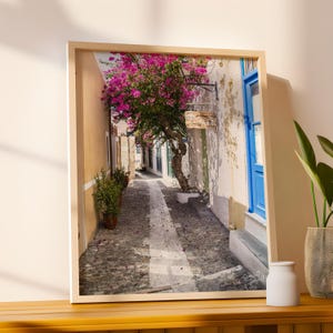 Greek Island Village Photography – Cobblestone Street – Bougainvillea – Pink Flowers (Digital Download)