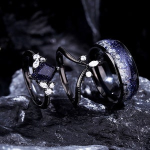 Ensemble de bagues phosphorescentes nébuleuse d'Orion, bagues de promesse vintage pour couple, bague Je t'aime jusqu'à la lune et le dos , bague de fiançailles en grès bleu. image 3