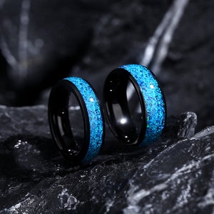 Eternal Blue Ring Set, Blue Opal Couples Rings, 8mm & 6mm Black Ring ...