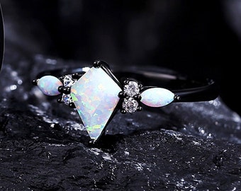 Rainbow Opal Kite Cut Engagement Ring for Women, Matching Promise Rings for Couples, His and Hers Opal Wedding Band.