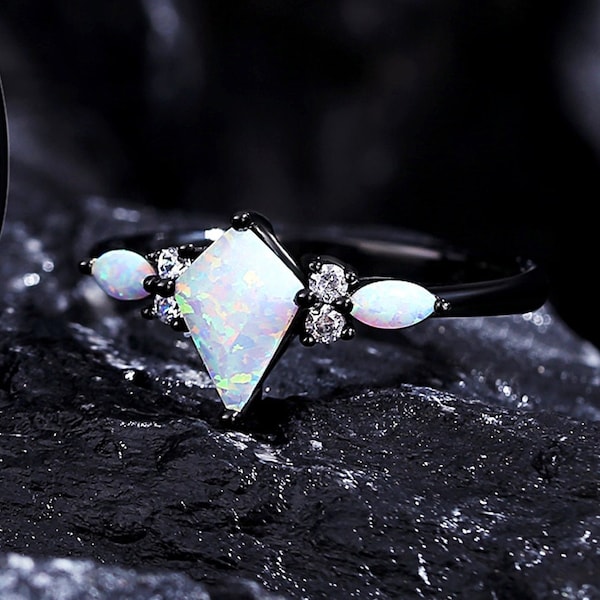 Rainbow Opal Kite Cut Engagement Ring for Women, Matching Promise Rings for Couples, His and Hers Opal Wedding Band.