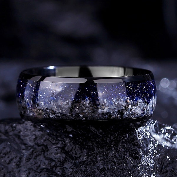 Glow Orion Nebula Ring, 8mm Promise Rings for Men, "I love you to the moon and back" Ring, Blue Sandstone Rings Engagement Ring.