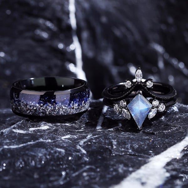 Blue Sandstone Couple Rings – UV Glow Galaxy Promise Ring Set, Handmade Wedding Bands