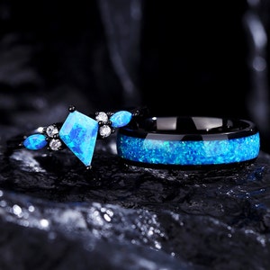 Bagues opale bleue pour couple, bague de promesse noire avec opale en forme de cerf-volant