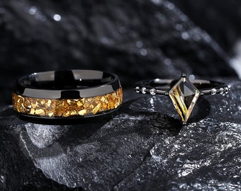 Anillos de pareja de cuarzo rutilado dorado natural, anillos de compromiso con corte de cometa para hombres, anillos de promesa para parejas, anillo de boda para él y para ella.