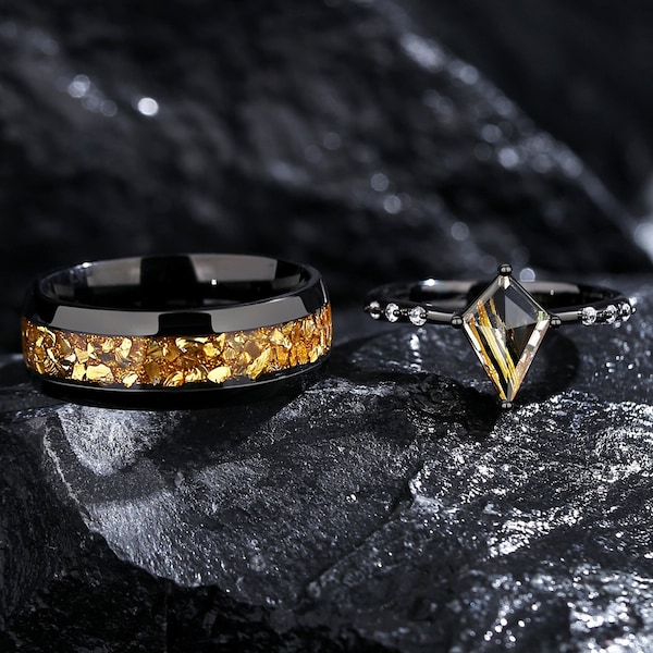 Anillos de pareja de cuarzo rutilado dorado, anillos de compromiso con corte de cometa, anillos de promesa
