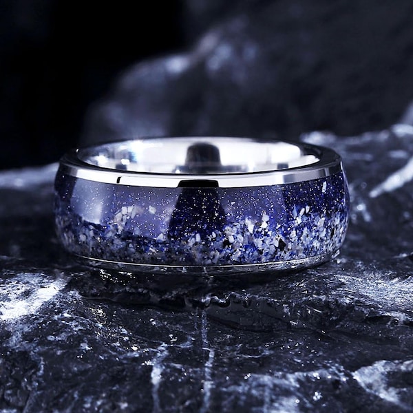 Mens Galaxy Ring – 8mm Silver Band, Blue Sandstone Orion Glow