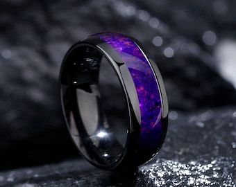 Anillo de brillo espacial, anillo de Orión brillante, anillo de mineral natural brillante con luz UV, anillos de promesa para hombres, anillo de titanio.