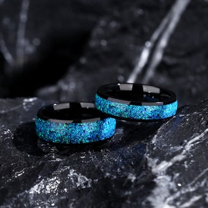 Eternal Blue Ring Set, Blue Opal Couples Rings, 8mm & 6mm Black Ring ...