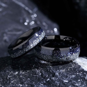 Blue Sandstone Glow Orion Nebula Promise Rings, 6mm & 8mm Wide Band Wedding Set for Couples, Unique Engagement Rings