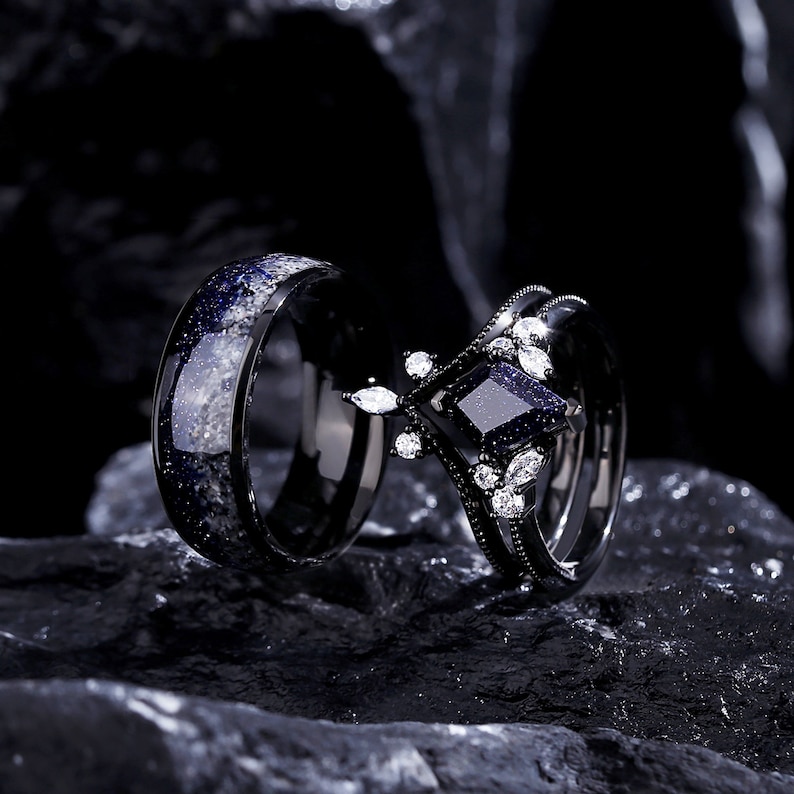 Glow Orion Nebula Ring Set, Vintage Promise Rings for Couples, I love you to the moon and back Ring, Blue Sandstone Rings Engagement Ring. image 2