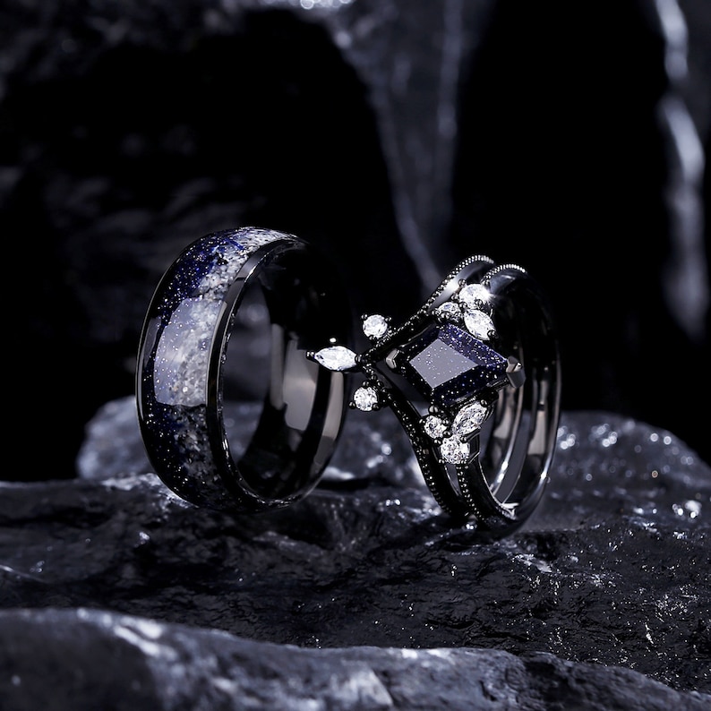 Glow Orion Nebula Ring Set, Vintage Promise Ringen voor koppels, Ik hou van je tot de maan en terug Ring, Blauwe Zandsteen Ringen Verlovingsring. afbeelding 2