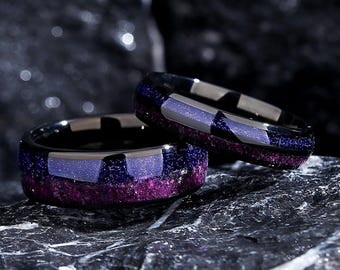 UV Glow Personalized Rings, Nebula Ring Set, Galaxy Matching Promise Rings for Couple, Engagement Ring, UV Light Glowing Wedding Bands.