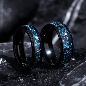 Galaxy Opal Ring Set, His and Hers Wedding Band Set, 8mm & 6mm Black Couples Rings, Unique Meteorite and Opal Ring.