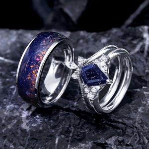Galaxy Couple Ring Set – Blue Sandstone Women’s Ring & Men’s Matching Band