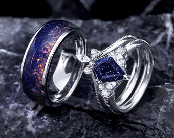 Galaxy Couple Ring Set – Blue Sandstone Women’s Ring & Men’s Matching Band