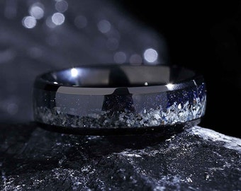 Glow Orion Nebula Ring, 6mm Wedding Band for Men, Stainless Steel & Pure Titanium, Blue Sandstone Engagement Ring