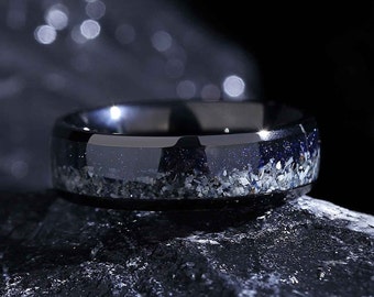 Glow Orion Nebula Ring, 6mm Wedding Band for Men, "I love you to the moon and back" Ring, Blue Sandstone Rings Engagement Ring.