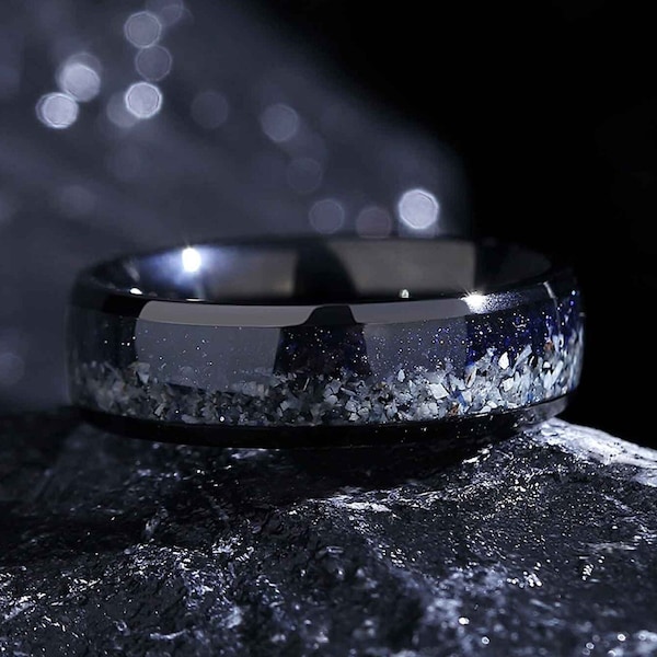 Titanium Men’s Wedding Band – 6 mm Blue Sandstone Galaxy Ring, Unique Men’s Ring