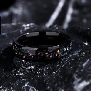 Galaxy Rainbow Opal herenringen, 6 mm zwarte ringset, Galaxy Opal-trouwring, verjaardagscadeau voor hem/haar.