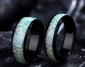 Rainbow Opal Couples Rings, 8mm & 6mm Black Ring Set, Opal Wedding Band, Birthday Anniversary Gift for Him.
