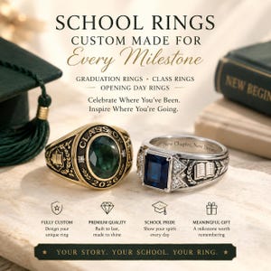 May include: Two metal rings featuring school-themed designs. The left ring is gold-toned with a dark green oval stone and the text 'CLASS OF 2026'. The right ring is silver-toned with a rectangular blue stone and the text 'New Chapter, New Dreams'.