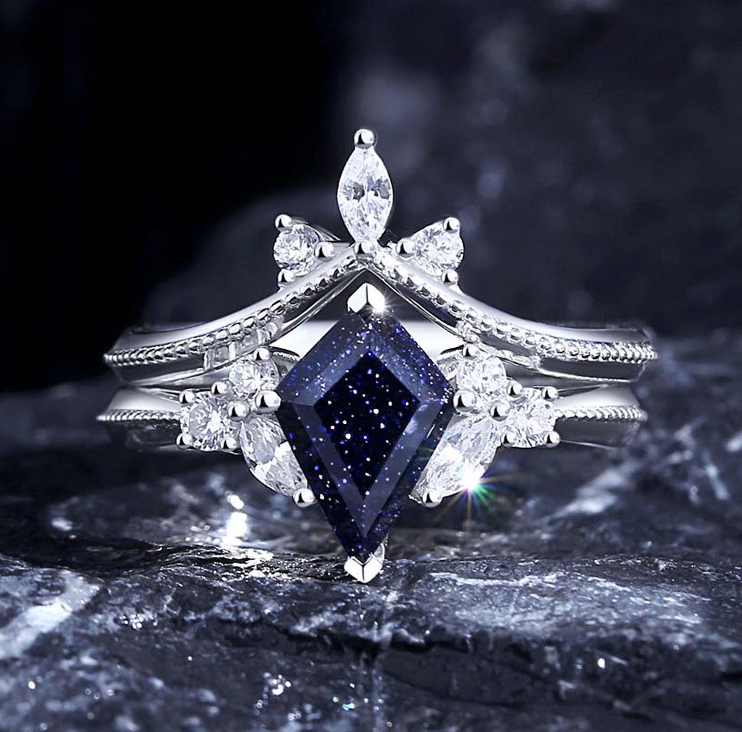 Sterling Silver Orion Nebula Ring Set for Women, Blue Sandstone Inlay ...