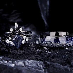 Leuchtender Orionnebel-Ring-Set, Vintage-Versprechensringe für Paare, „Ich liebe dich bis zum Mond und zurück“-Ring, blaue Sandsteinringe, Verlobungsring.