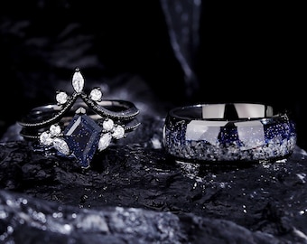 Glow Orion Nebula Ring Set, Vintage Promise Rings for Couples, "I love you to the moon and back" Ring, Blue Sandstone Rings Engagement Ring.