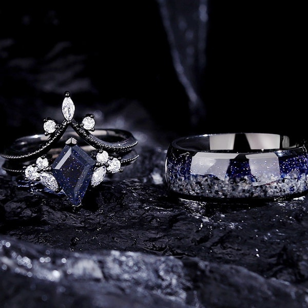Trouwringenset voor stellen – blauwe zandsteen verlovingsring en UV-gloed Yooperlite-band
