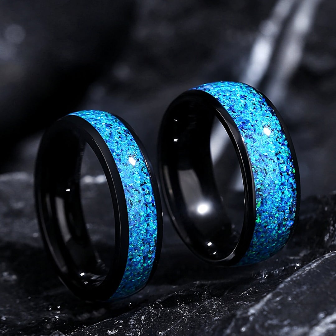 Eternal Blue Ring Set, Blue Opal Couples Rings, 8mm & 6mm Black Ring ...