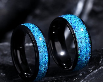Eternal Blue Ring Set, Blue Opal Couples Rings, 8mm & 6mm Black Ring Set, Opal Wedding Band, Birthday Anniversary Gift for Him.